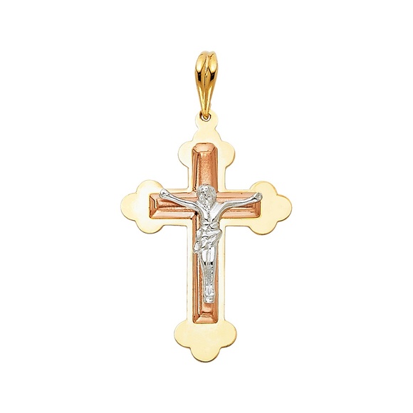 14K Tri Color Religious Crucifix Pendant
